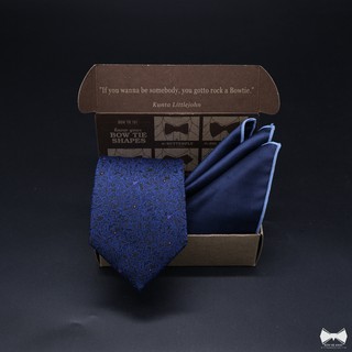 เซ็ทเนคไทกรมท่าลายดอกในตัว+ ผ้าเช็ดหน้าสูทวูล-Navy Blue Necktie + Wool Pocket square