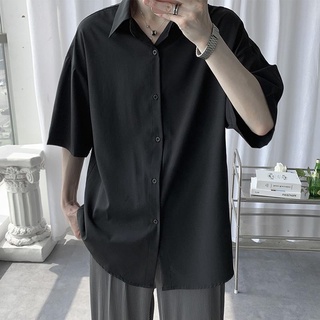 ✎เสื้อเชิ้ตแขนสั้นผ้าไหมน้ำแข็งชาย 2021 ใหม่ฤดูร้อนน้ำแบรนด์หลวมเสื้อเชิ้ตแขนห้าจุดแนวโน้มแจ็คเก็ตลำลอง