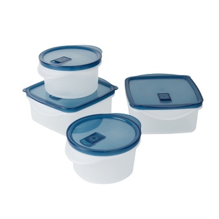 กล่องใส่อาหาร กล่องข้าว ทรงเหลี่ยมและกลม (ชุด 4 ชิ้น) สีขาว-น้ำเงิน