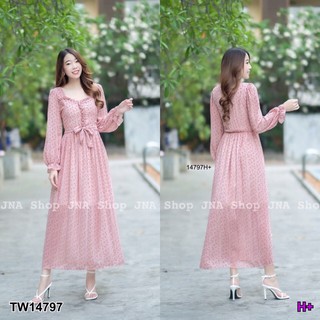 TW14797  Maxi Dress เดรสยาว อกแต่งระบาย แขนยาวปลายแขนจั๊ม มีเชือกผูกเอว เนื้อผ้าชีฟองลายดอก