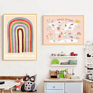 Canvas painting colorful rainbow cartoon world map print animal nordic poster wall art picture kids room home decor no framed