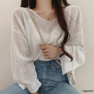 BIGMALL-Women Loose Tops, Solid Color V-Neck Long Sleeve Tie-Up Knitted Pullover for Spring Summer, White/Black