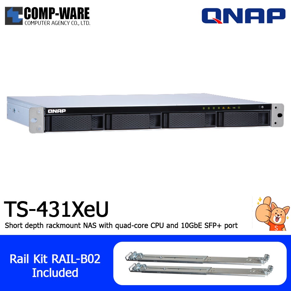 QNAP NAS (1U 4Bay) TS431XeU (2GB RAM) Single Power Supply w/Rail Kit