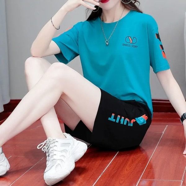 เสื้อยืดผู้หญิง-เสื้อยืดไซส์ใหญ่-สูท-cotton-casual-suit-short-womens-wave-ins-ins-ฤดูร้อนเวอร์ชั่นเกาหลีแฟชั่น-lo