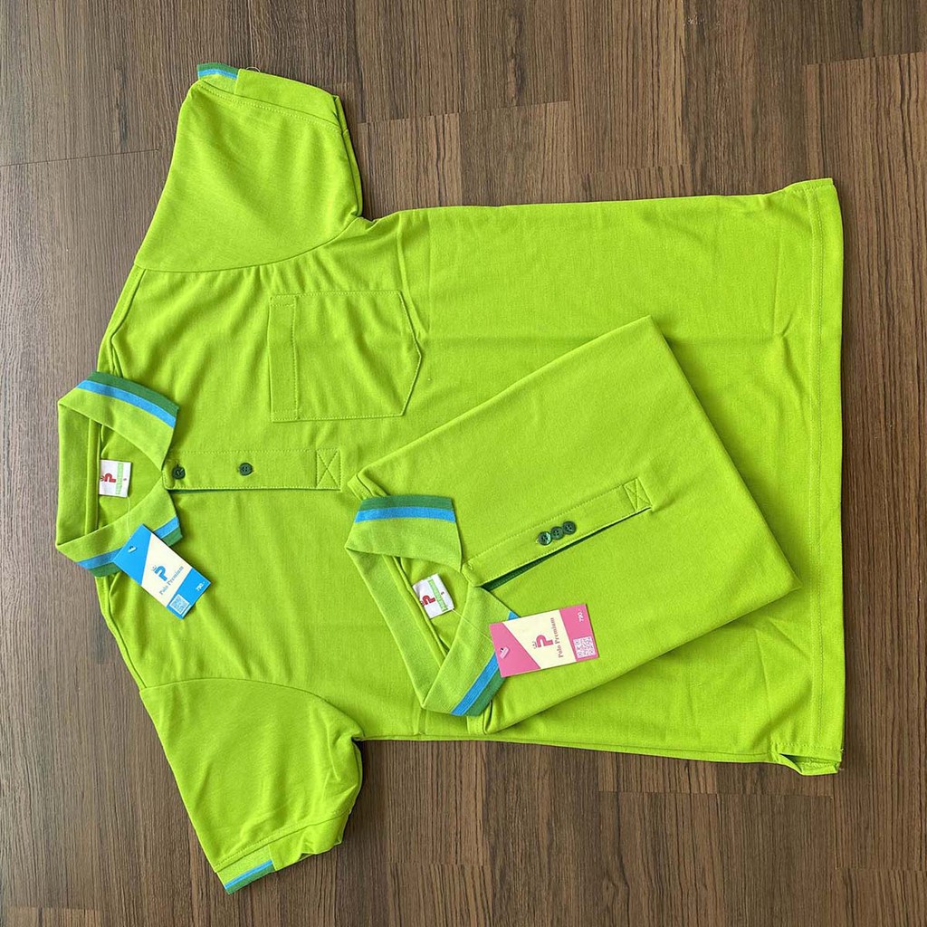atiko-เสื้อโปโลสีเขียวอ่อน-ปกแถบเขียวเข้มฟ้า-แบบหญิง-ทรงเข้ารูปไม่มีกระเป๋าที่หน้าอก-แบบชาย-เป็นทรงตรงมาตรฐาน