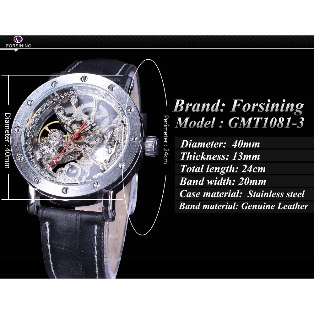 forsining-นาฬิกาข้อมือสายหนังสีดำสีดำ