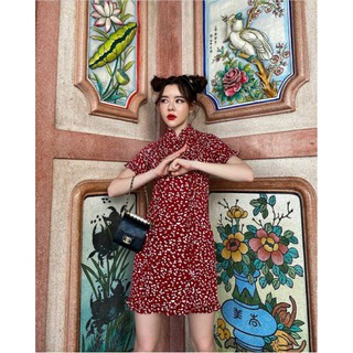 Showroom Brand  KT:Mini Dress เดรสกี่เพ้าสีแดงแต่งลวดลาย