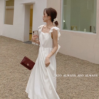 🔥Hot Sale / 2215 Design Sense of backless white dress sleeveless waist bow small niche long skirt women 2022 ใหม่