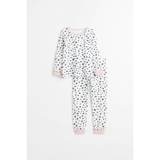 H&amp;M ชุดนอนเด็ก เสื้อแขนยาว กางเกงขายาว สีขาว ลายหัวใจ Foldover Rib-trimmed Pyjamas WHITE/HEARTS