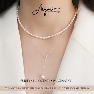 Eli+Amellia natural freshwater Pearl Necklace Rhodium Plated 925 Silver Sterling เซตสร้อยคอ2เลเยอร์ โช็คเกอร์เงินเเท้925