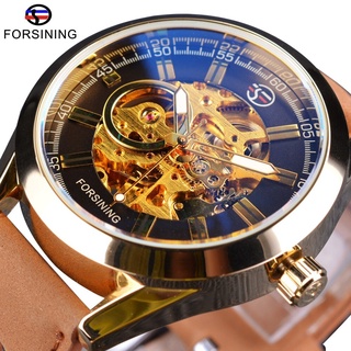 Forsining West Cowboy Military Wrist Watch Golden Case Genuine Leather Mens Watches Top Brand Luxury Automatic Skeleton