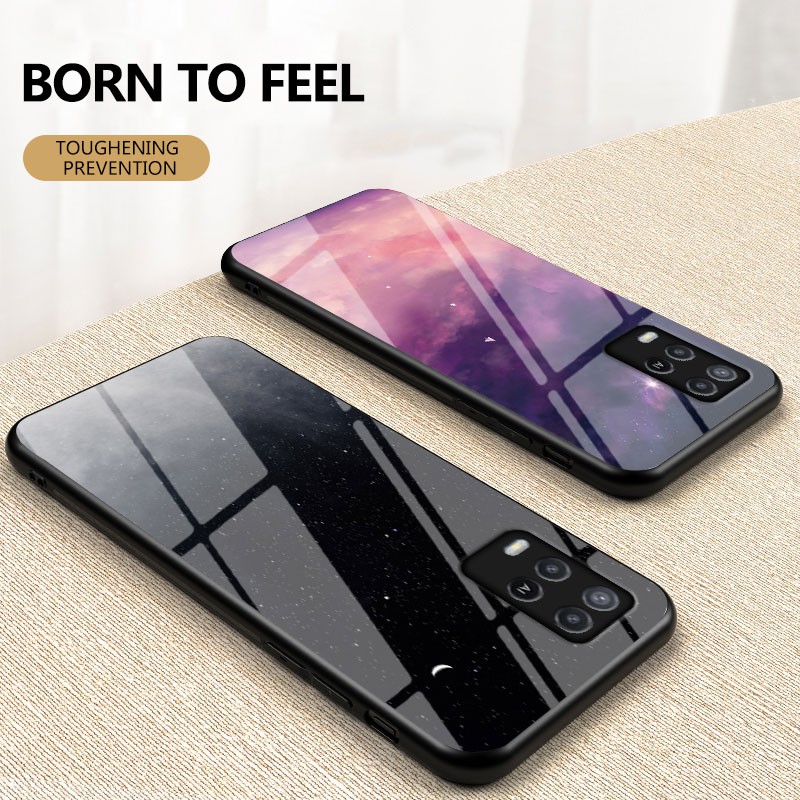 เคสโทรศัพท์กระจกคู่ทาสีfor-oppo-a54-4g-a74-5g-4g-galaxy-starry-sky-case-tempered-glass-soft-silicone-frame-hard-marble-phone-cover-tpu-soft-edge-phone-case