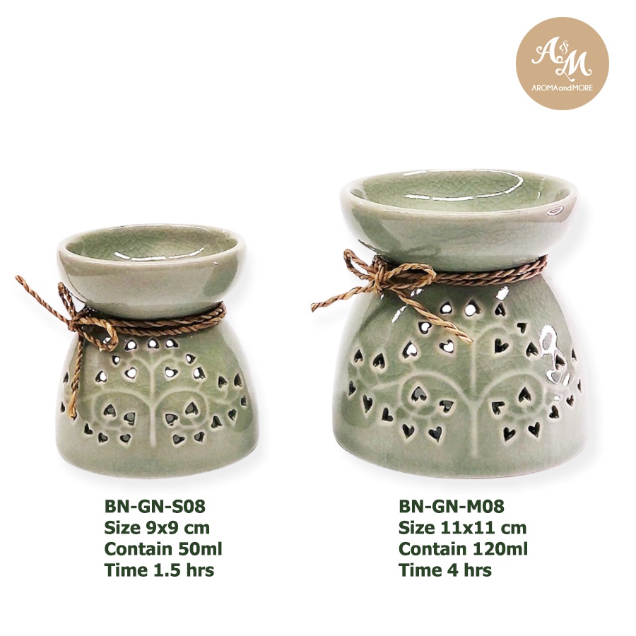 เตาเผาน้ำมันหอมระเหยเคลือบเงาศิลาดลสีเขียวอ่อน-ฉลุลายใบโพธิ์-ceramic-burner-glaze-siradol-light-green-color