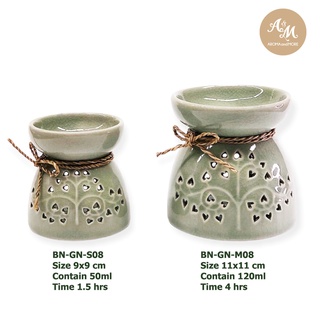 เตาเผาน้ำมันหอมระเหยเคลือบเงาศิลาดลสีเขียวอ่อน ฉลุลายใบโพธิ์ Ceramic Burner (Glaze Siradol)- Light green color