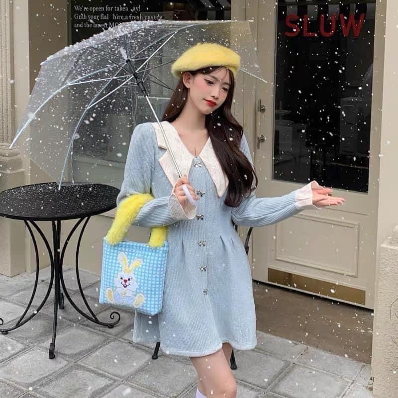 พร้อมส่ง-เดรสลูกฟูกจับจีบช่วงเอว-สีฟ้าละมุน