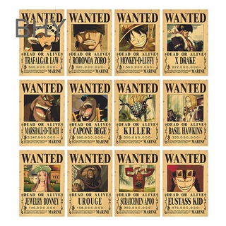 Bhy สติกเกอร์โปสเตอร์ ลายการ์ตูนอนิเมะ One Piece WANTED Luffy Roronoa Zoro Nami สไตล์วินเทจ สําหรับติดตกแต่งผนังบ้าน ห้องนอนเด็ก 1 ชุด