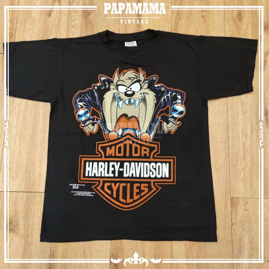 h-harley-davidson-x-taz-mania-looneytunes-เสื้อวินเทจ-เสื้อการ์ตูน-papamama-vintage-shirt-เสื้อยืดคอกลมผ้าฝ้าย