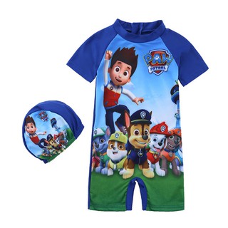 ชุดว่ายน้ำ บอดี้สูท แขนสั้น ขาสั้น ลาย paw patrol สีน้ำเงิน พร้อมหมวก