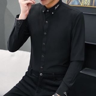 เสื้อเชิ้ตแขนยาวลําลอง ปักลาย ป้องกันริ้วรอย สีขาว คุณภาพสูง แฟชั่นฤดูใบไม้ร่วง และฤดูหนาว สําหรับผู้ชาย