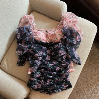 เสื้อเชิ้ตผ้าชีฟอง เข้ารูป ผ้าตาข่าย ลายดอกกุหลาบ สไตล์เฮปเบิร์น แฟชั่นฤดูร้อน สําหรับผู้หญิง
