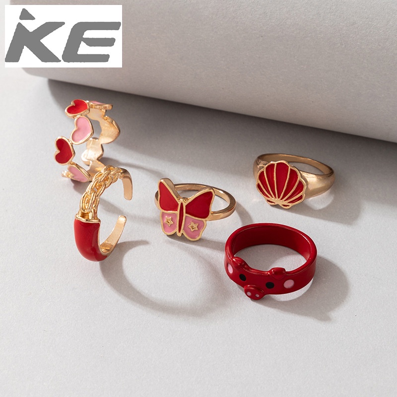 peach-heart-piggy-animal-combination-ring-love-butterfly-scallop-red-drop-ring-5-piece-set-for