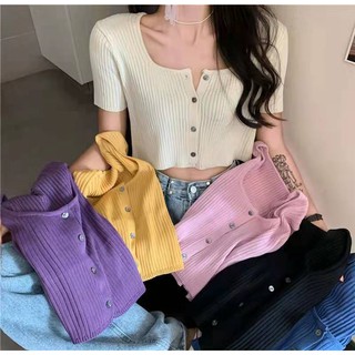 best(พร้อมส่ง/W365)ฤดูร้อน 2021 ใหม่สไตล์คอสี่เหลี่ยมป่าสะดือพืชยอดนิยมแขนสั้นคาร์ดิแกนสาวเสื้อยืด