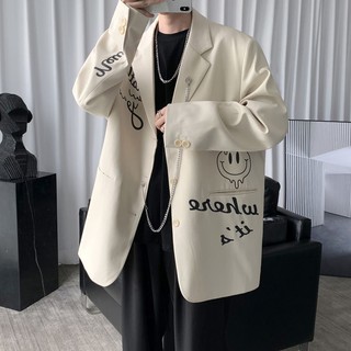 🔥Hot sale~ หล่อสูทลำลองผู้ชายฤดูใบไม้ร่วงเกาหลีรุ่นอินแบรนด์เสื้อบางหลวมพิมพ์สไตล์ฮ่องกงส่วนบุคคลสูท