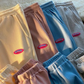 🌈S-2XL ญี่ปุ่นสีทึบวาฟเฟิลกางเกงกีฬาลำลองสำหรับผู้ชายและผู้หญิงฤดูใบไม้ผลิและฤดูใบไม้ร่วงบางหลวมเอวสูงขากว้างและฟุต