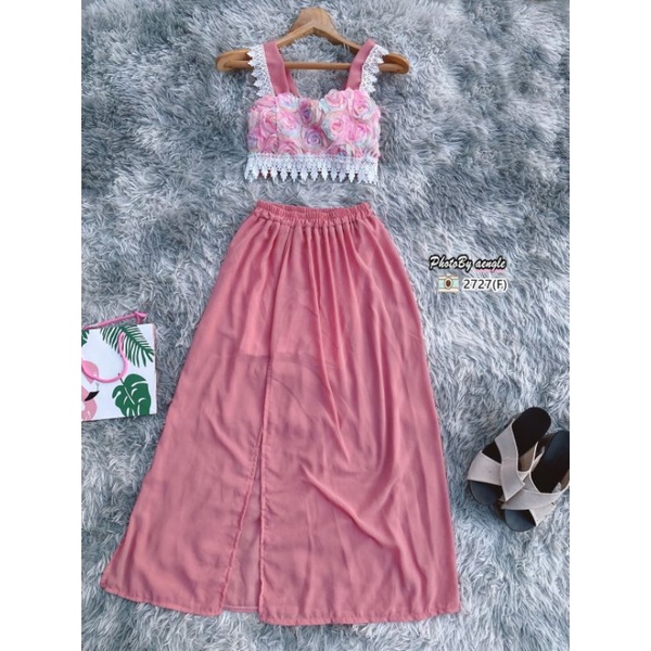 เซ็ท2ชิ้น-เสื้อครอป-กระโปรงชีฟอง