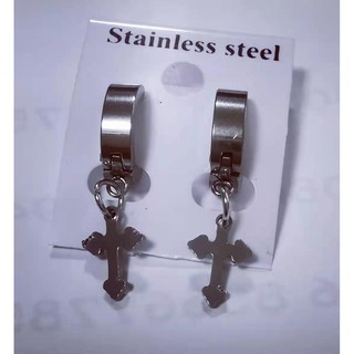 ต่างหู ต้องเจาะหู ตุ้มหู  ไม้กางเขน Cross Earrings for Men Stainless Steel 1 คู่