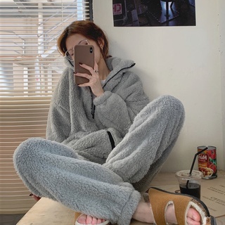 ♈﹍Thicken plus ชุดนอนผ้าฟลีซชุดลำลองสองชิ้นฤดูใบไม้ร่วงและฤดูหนาวนักเรียนสามารถสวมใส่ชุดบริการบ้านที่อบอุ่น