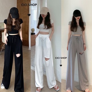 ภาพหน้าปกสินค้าCicishop(107)เซท 2ชิ้น เสื้อ Crop แขนสั้นสีพื้น + กางเกงขายาว แต่งขาดขากางเกง 1 ข้าง เอวยืดสม็อค ซึ่งคุณอาจชอบสินค้านี้