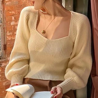 Elegant Style Women New Square-neck Puff Sleeve Knitted Shirt