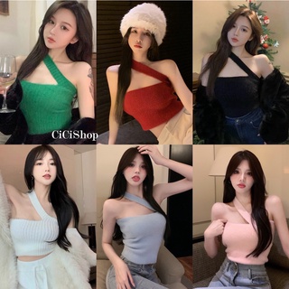 Cicishop(8348)เสื้อสายเดี่ยวขนมิ้งดีเทล ไขว้อกเนื้อผ้านุ่มมาก ใส่สบาย ใส่กับอะไรก็สวยจ้า