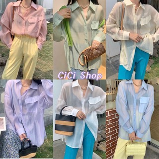 สินค้า Cicishop(933)เสื้อเชิ้ตแขนยาว ผ้าชีฟองแบบบาง เซ็กซี่เบาๆใส่แล้วไม่ร้อง เปิดไหล่ก็ได้ใส่เสื้อคลุมก็เก๋