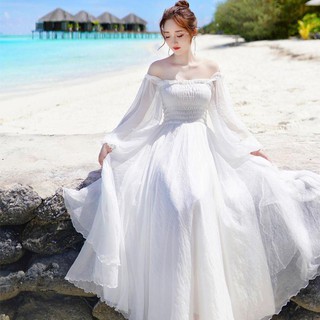 🔥Hot sale~ Summer One Shoulder Strapless Lantern Sleeve Sunscreen Wrapped Breast Dress Malaysia Seaside Vacation Beach