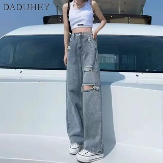 DaDuHey💕 Womens Summer 2022 New Light Blue Ripped Jeans Ins Straight Loose Wide Leg Mop Pants