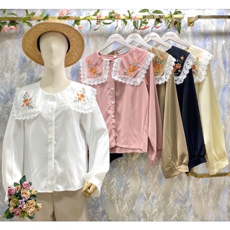 เสื้อแขนยาวแต่งปกเสื้องานปัก-ฉลุ-จะใส่ทำงานหรือใส่เที่ยวก็ได้-เนื้อผ้าไหมเกาหลี