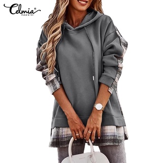 CELMIA Women Long Sleeve Hooded Plaid Patchwork Sweater