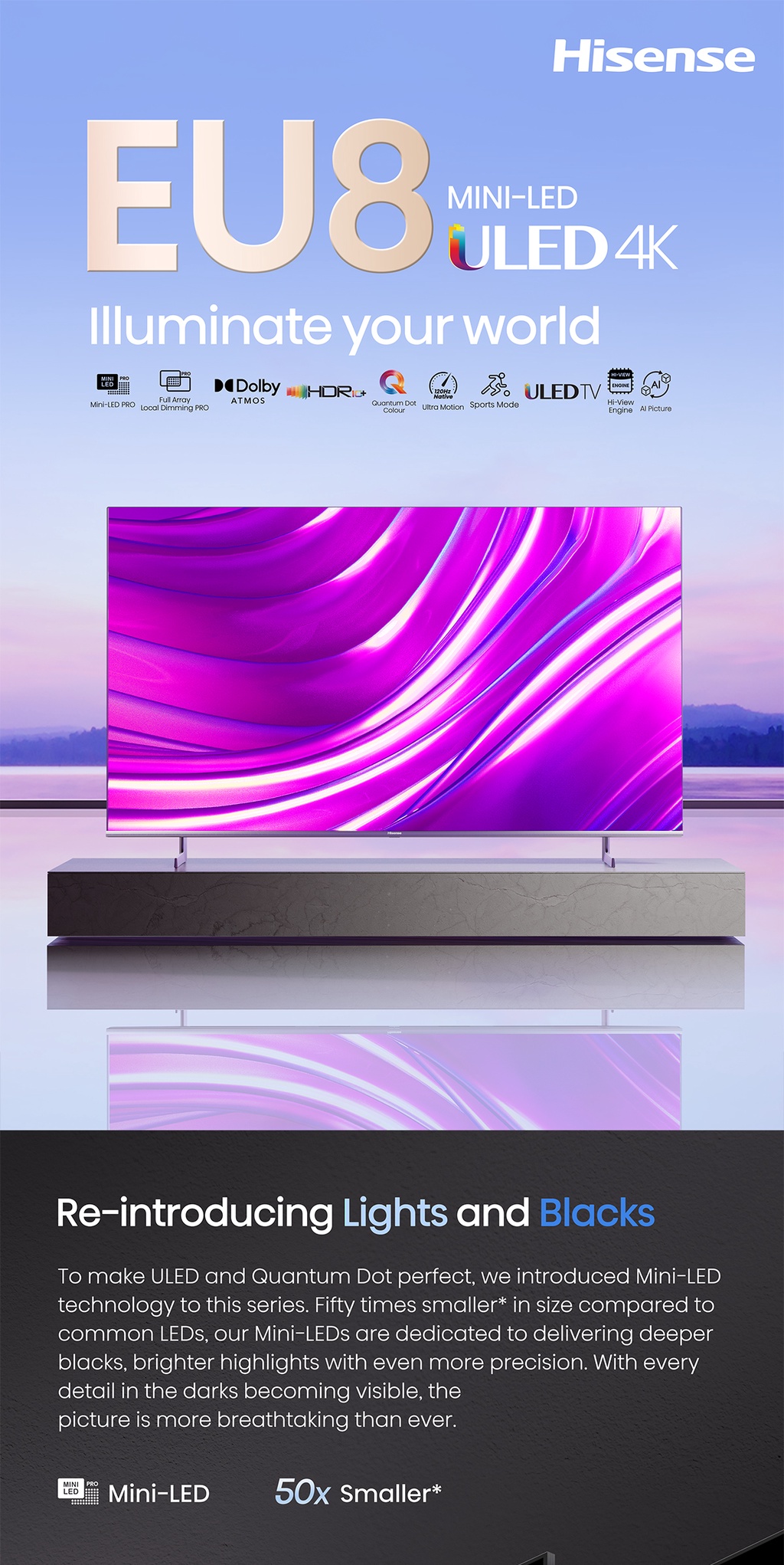 ภาพที่ให้รายละเอียดเกี่ยวกับ Hisense TV 55EU8H ทีวี 55 นิ้ว 4K Mini LED 120Hz VIDAA U6 Quantum Dot Colour Smart TV /DVB-T2 / USB2.0/3.0 / HDMI /AV / ปี 2022 Voice control