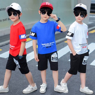 🚀ความนิยมล่าสุด [เสื้อและกางเกง] ชุดเด็กผู้ชายในช่วงฤดูร้อนปี 2021 รุ่นใหม่ของเกาหลีสำหรับเด็กโตเด็กสไตล์ตะวันตกแขนสั้น