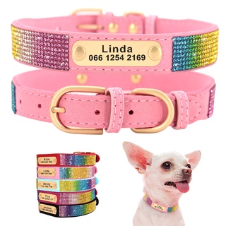 Personalised Suede Leather Cat Dog Collar 5 Rows Bling Rhinestone Pet Dog Collar Necklcae for Puppies Adjustable 带钻项圈 闪闪发光