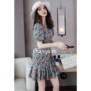 Chaniya.th🌺พร้อมส่ง🔥ชุดเดรสกระโปรงสั่นเหนือเข่าลายดอกไม้แขนพองตุ๊กตาแนวสาวเกาหลีสุดนักรัก✨