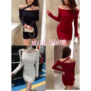 💕*Miki-Shop*(พร้อมส่ง)เดรสไหมพรมเข้ารูปยืดทรงสวย สายคล้องคอ งานหรูเซ็กซ๊่28602*