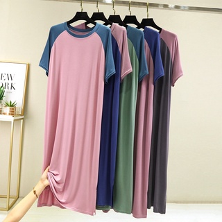 พร้อมส่ง ชุดเดรสแม็กซี่ยาว แขนสั้น คอกลม ทรงหลวม สไตล์เกาหลี แฟชั่นสําหรับสตรี ไซซ์ 45-80 กก. XL-2XL