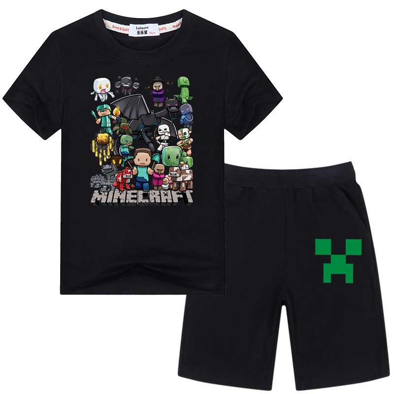 ภาพหน้าปกสินค้าminecraft ชุดเสื้อผ้าฤดูร้อนสำหรับเด็กแขนสั้นเสื้อยืดและกางเกงขาสั้น 2 ชิ้นชุด