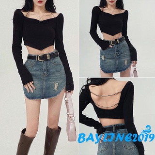 Bay-Women´s Crop Tops Chain Halter Shoulder Cutout Long Sleeve Irregular Hem Slim Fit Short Tops