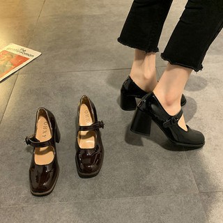 🔥 วินเทจแมรี่เจนรองเท้าส้นสูงหญิง 2021 ฤดูใบไม้ผลิใหม่สายลมยามเย็นรองเท้าส้นหนาทุกคู่ตรงกับนางฟ้ารองเท้า