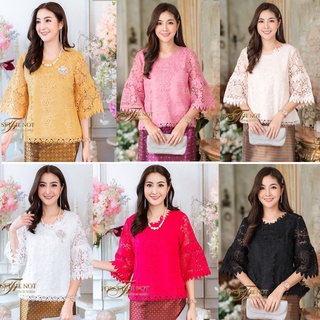 LuxuryDressShop เสื้อไปงาน เสื้อใส่ทำบุญ เสื้อลูกไม้แต่งผ้าลินินคอกลมแขนบานเนื้อผ้าลูกไม้ลายสวยมากทอลายแน่น