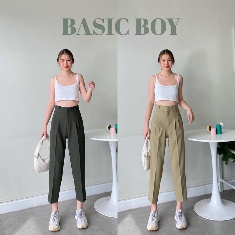 พร้อมส่ง-กางเกงทรงบอย8ส่วน-ผ้าเปเป้a80ยืดหยุ่นกำลังดี-กางเกงทำงานเอวสูงพรางหุ่นใส่สบาย-ใส่ได้ทุกโอกาส